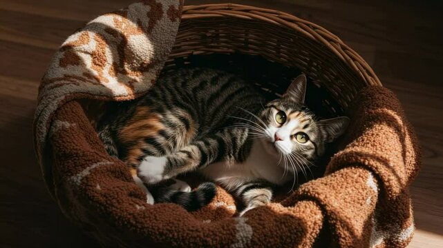 A cozy tabby cat lounging in a woven basket, surrounded by warm blankets, in a sunlit room - calico tabby