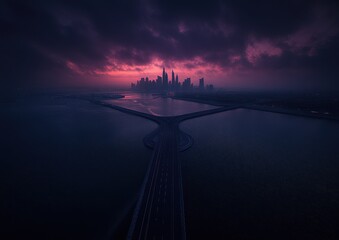 Dramatic sunrise over city,  waterway, and highway.  Silhouette of tall buildings.  Dark clouds and soft pink hues
