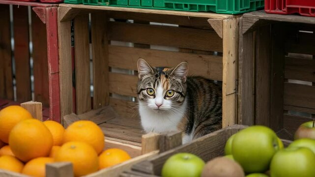 Cat resting among colorful fruit crates in a vibrant market setting with fresh produce around - calico tabby