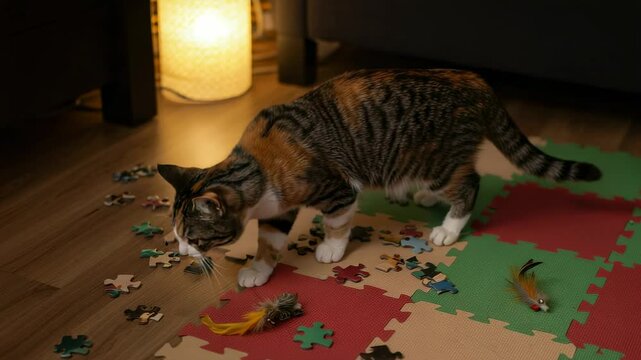 Playful cat exploring colorful puzzle pieces on a cozy indoor floor with soft lighting - calico tabby