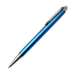 A sleek, vibrant blue ballpoint pen.  The metallic finish  gives it a sophisticated look