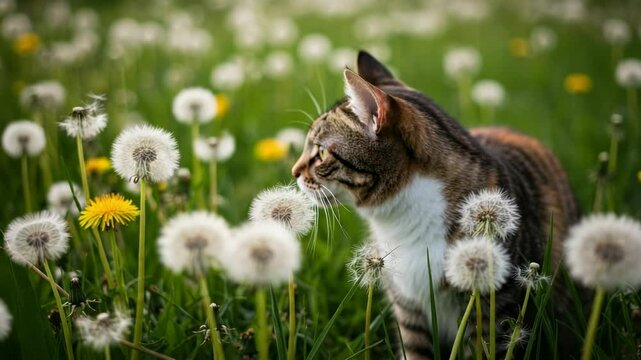 A curious cat exploring a field of dandelions, surrounded by blooming flowers and greenery - calico tabby