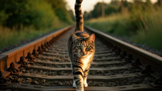 A tabby cat confidently walks along a railway track surrounded by lush greenery at sunset - calico tabby