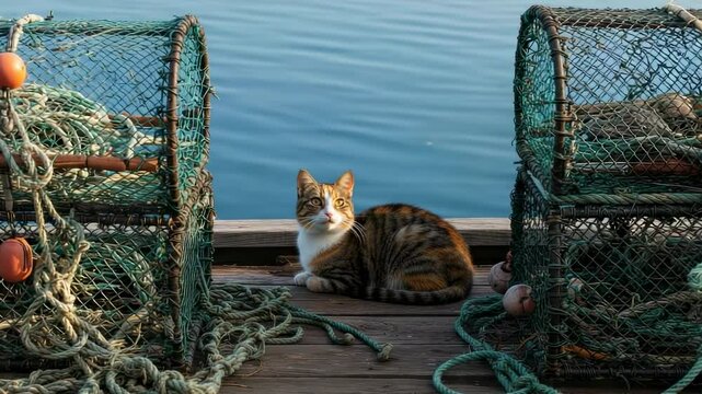 Cat resting on a dock beside fishing traps, with calm water and a serene background - calico tabby