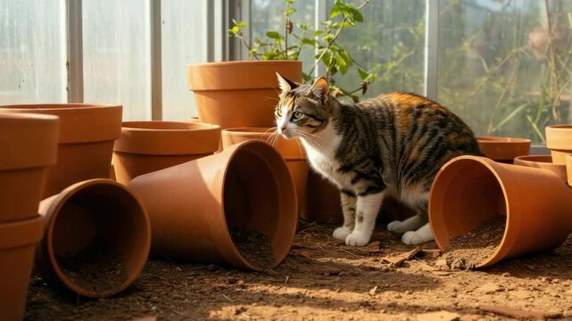 Cat exploring a greenhouse filled with overturned plant pots and soil, surrounded by greenery - calico tabby