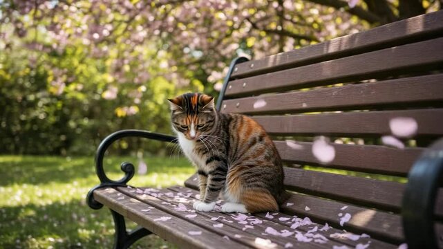 A serene tabby cat sitting on a park bench surrounded by pink flower petals in springtime - calico tabby