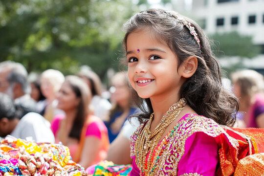 Families participating in cultural traditions while observing religious festivities in a vibrant outdoor setting