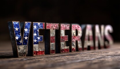 Veterans Day text with American flag design on wooden background.
