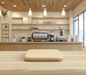 Beige square display platform on a light wooden counter, blurred cafe background