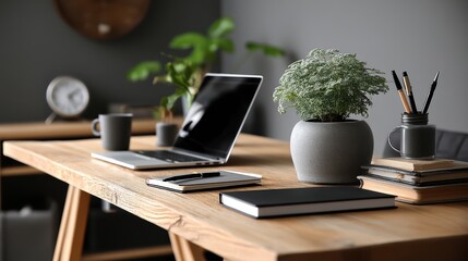 A modern office desk setup with a laptop, plant, and a notebook, featuring a minimalist design