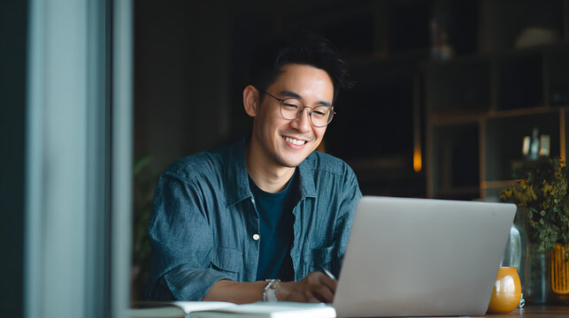 Asian man working from home on his laptop, young adult chinese male smiling and having a business call
