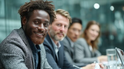 A business professional reviewing global investment opportunities with colleagues at a meeting table