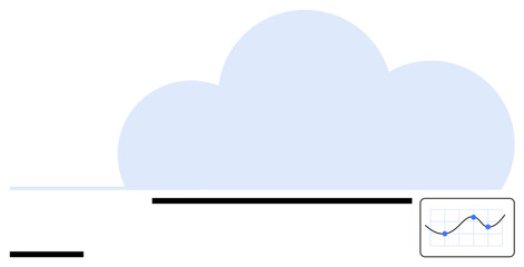 Blue cloud in the background with a small data chart containing a line graph. Ideal for cloud computing, data analysis, technology, statistics, digital trends, storage solutions, simple landing page