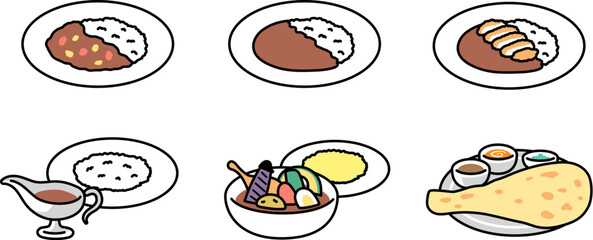 シンプルなカレーのバリエーションセットのイラスト