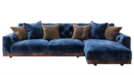 Blue Velvet L Shaped Sofa Isolated on Transparent Background