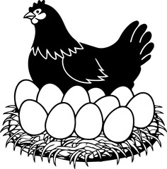 Hen Sitting on Nest with Eggs - Black and White Vector Illustration for Farm and Agriculture Concepts