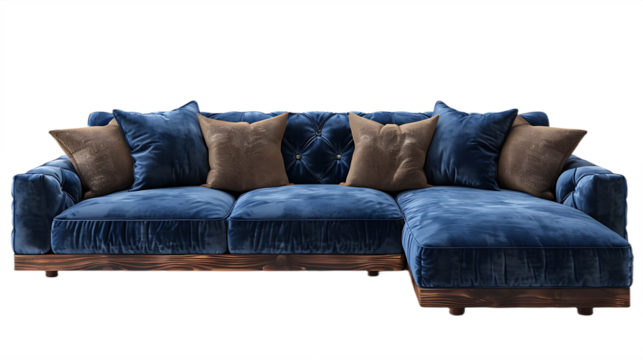 Blue Velvet L Shaped Sofa Isolated on Transparent Background