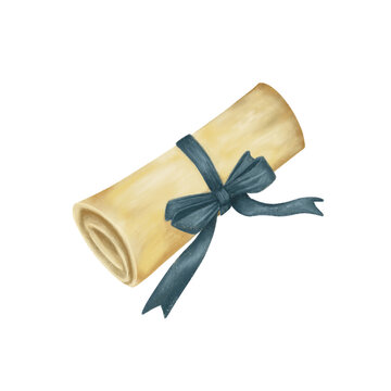 old scroll paper with ribbon illustration. Graduation element for banner design. Letter design aesthetic antique. Drawing realistic illustration graduate decoration element