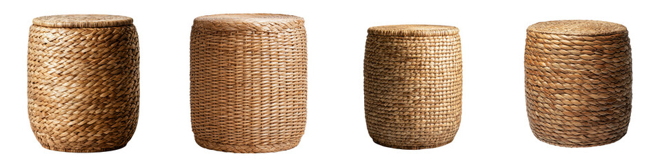 A collection of handcrafted wicker baskets and containers.