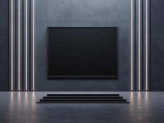 Fototapeta premium Minimalist room with wallmounted flat cinema screen, film technology, modern home studio concept