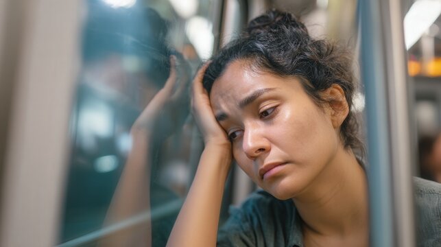 Pensive woman gazes out subway window, reflecting deep in thought. - Powered by Adobe