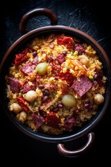 An overhead view of a beautifully prepared paella dish in a rustic pot, ready to be served.