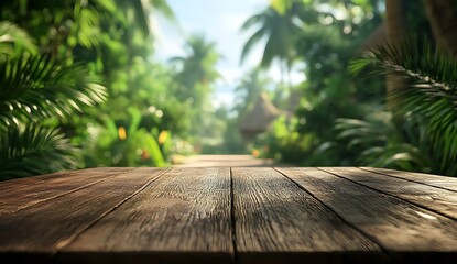Empty wooden table top with a blurred tropical garden background for product display presentation, a concept of summer vacation and travel