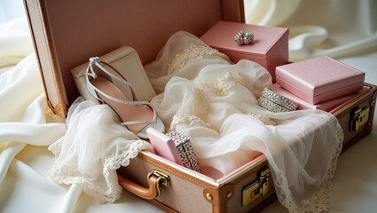 A luxurious open suitcase, with its velvet-lined interior revealed, is overflowing with a breathtaking bridal trousseau, featuring an array of delicate fabrics such as intricately embroidered silk, la