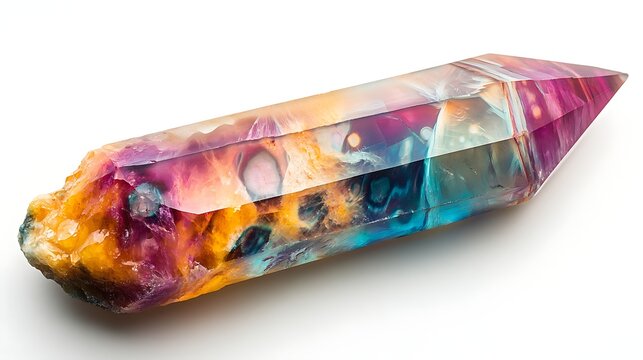 Lemurian crystal macro mineral stone with intricate details captured on a clean white background