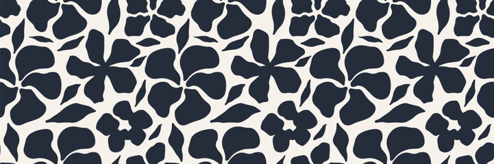 Organic shapes flower seamless pattern. Simple abstract floral background. Modern printing in black and white colors. Ideal for textile design, wallpaper, cards, posters, and decoration. Vector art