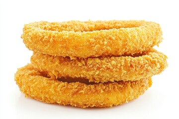 A close-up of three crispy, golden onion rings stacked on top of each other against a white background
