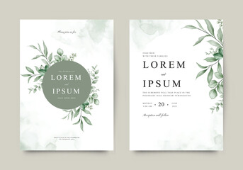 Beautiful wedding invitation template set with watercolor green plants