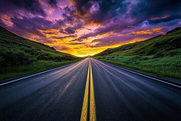 Naklejka premium Scenic road to horizon beneath dynamic twilight sky landscape photography