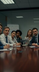Serious Business Meeting: Diverse Team Brainstorming Corporate Strategies in Modern Conference Room