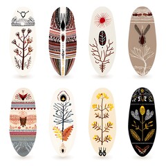 Collection of Eight Oval Designs Featuring Abstract Tribal Art and Nature Motifs.