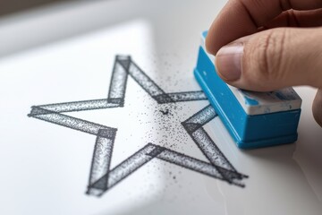 Frustrated customers review concept. A hand erasing a star drawing with a blue eraser on a smooth surface.