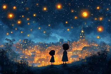 Obraz premium Children watch city lights, magical lanterns, night sky