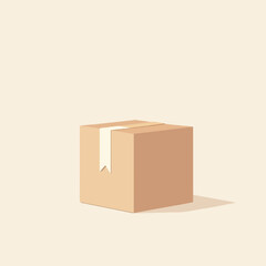 Minimalist illustration of a sealed cardboard box on beige, with copy space