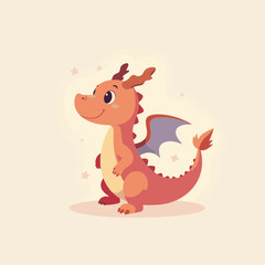 Cute Orange Dragon Character Smiling with Stars on Cream Background for Children's Content, Educational Materials, Graphic Design, and Playful Illustrations