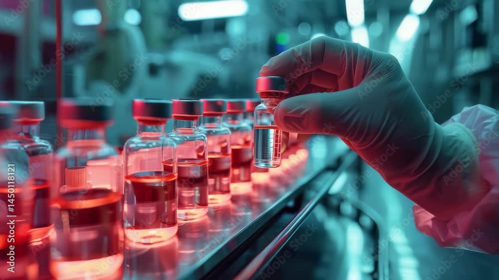 Poster a scientist in protective gear examines vials on a production line in a clean, controlled environmen
