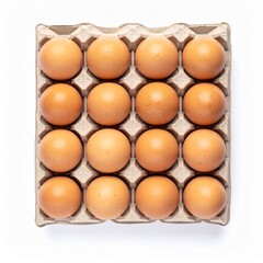 Set of Brown Eggs in Cardboard Tray with Subtle Shadow on Isolated White Background
