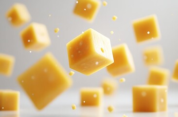 Floating cheese cubes on a white background