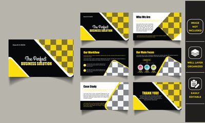 Corporate Business PowerPoint Presentation Template Design, bold yellow accents, and customizable layouts.