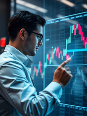 Businessman drawing virtual technical graph and chart for analysis stock market
