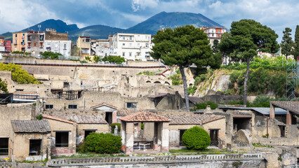 Ruins of Herculaneum, on the slopes of Vesuvius, an ancient Roman city destroyed by volcanic eruption of Vesuvius in 79 AD. Naples, Italy. UNESCO world heritage site	