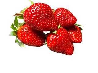 A pile of ripe strawberries, five tasty strawberries stacked in a heap isolated on a transparent white background