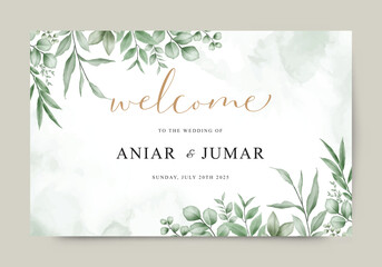 Wedding welcome card template set with green plants for cover, banner, card, etc.