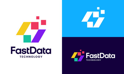 Obraz premium Fast data logo design. Lightning vector design with Digital pixel with colorful style graphic icon symbol