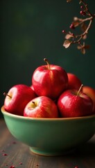 A ceramic bowl brimming with glossy apples; red and green hues , autumn, ceramic, ripe