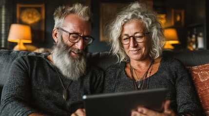 A couple using a tablet to plan a trip, browsing digital maps and destinations on their couch at home